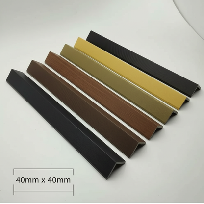 Technical dimensions for Churchill 40mm x 40mm architectural L-profile trims across all available color ranges.