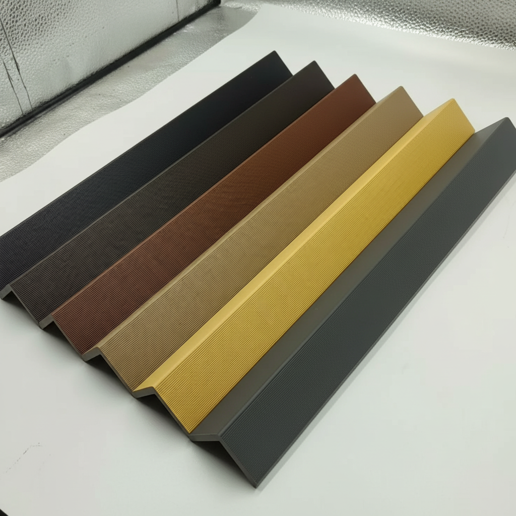 Comparison of various architectural trim finishes including black, oak, and walnut for outdoor wall panels.