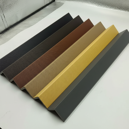 A selection of architectural trims in Khaki, Dark Brown, and Black for outdoor wall panel customization.
