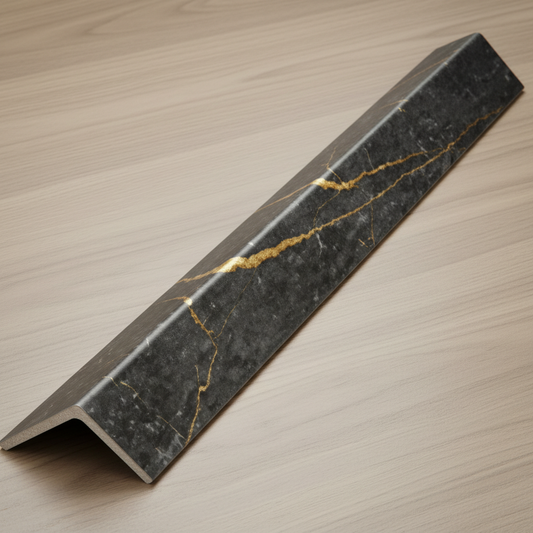 Black and gold acoustic slat panel trim, luxury decorative edge strip.