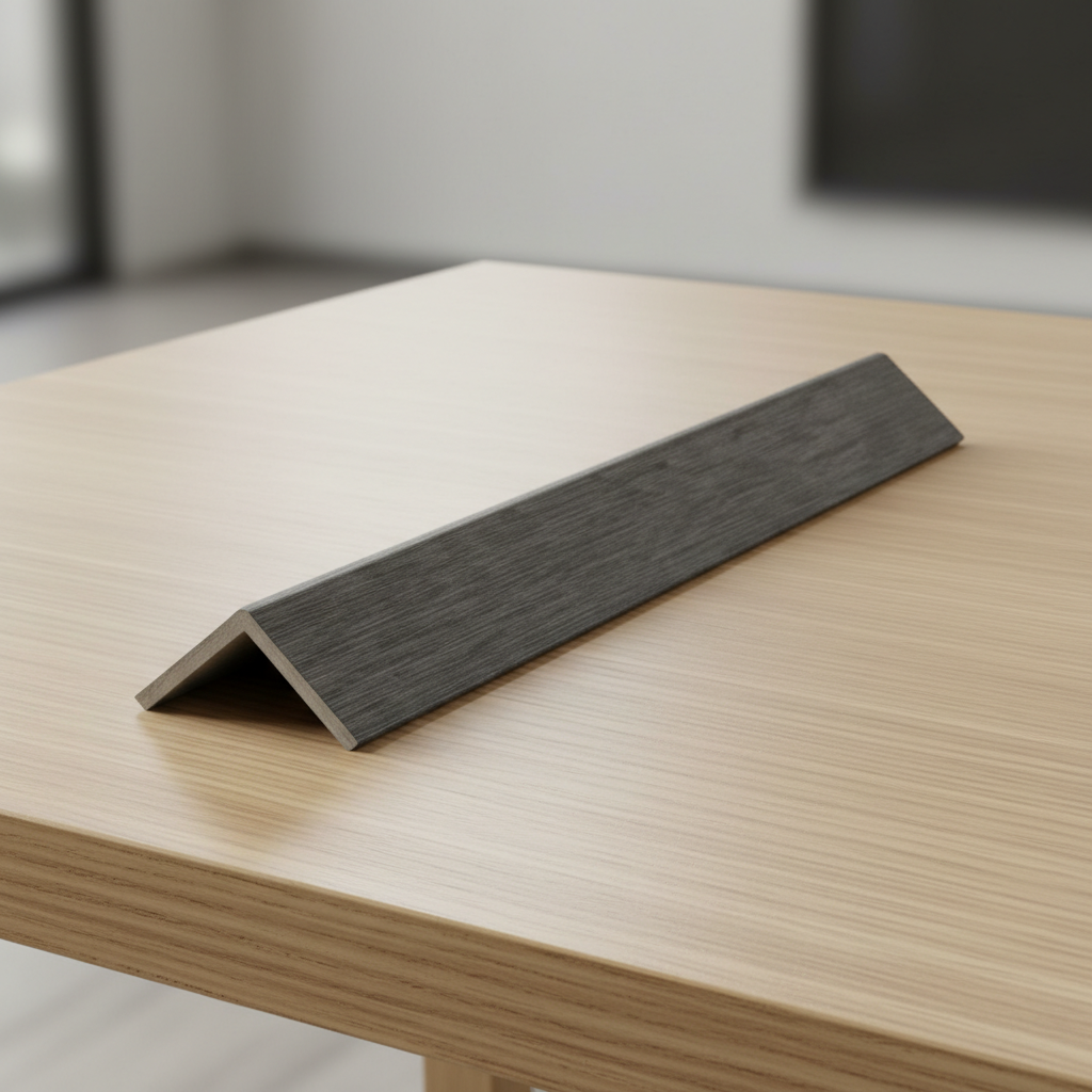 Dark grey acoustic slat panel edge trim for seamless wall panel installation.
