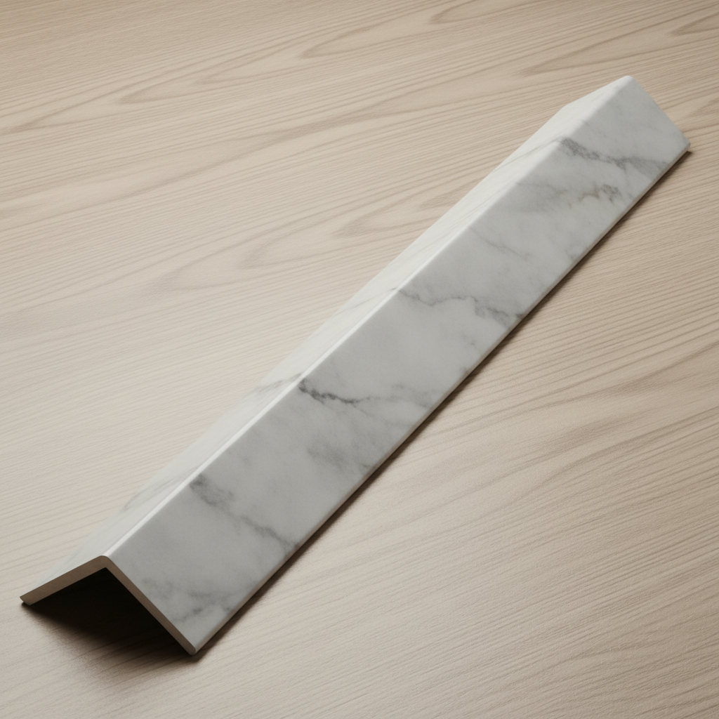 Grey marble finish acoustic slat panel trim for modern wall design.
