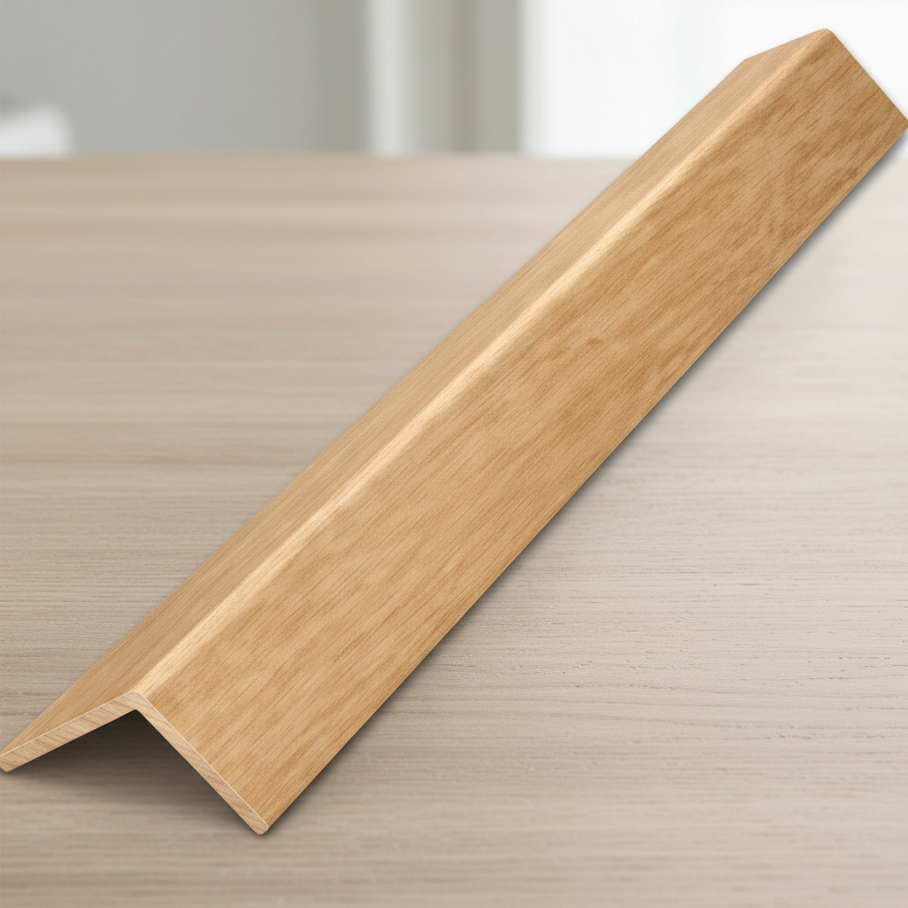 Natural oak acoustic slat panel finishing strip for wood wall panels.