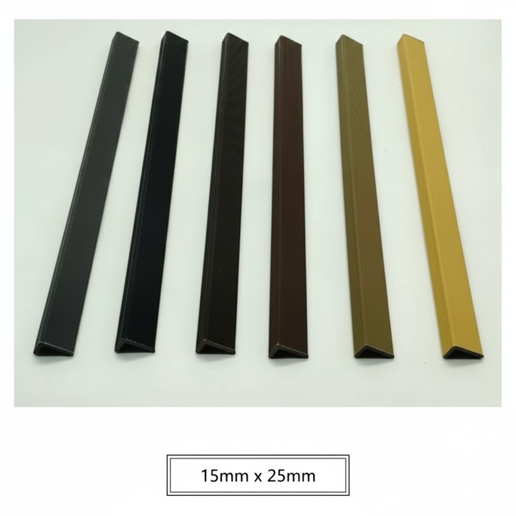 A professional showcase of the composite trim color range, featuring various shades like Oak, Grey, and Black with 15mm x 25mm profile specifications for architectural projects.