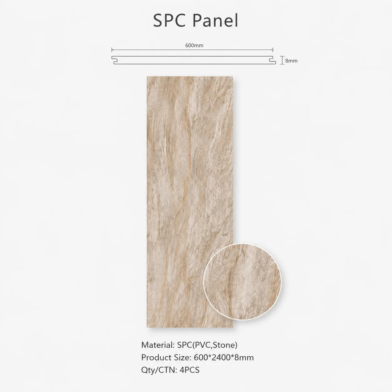 Technical specifications diagram for a cream marble SPC PVC wall panel, highlighting dimensions of 600 by 2400 by 8 millimeters and a 4-pack carton details.