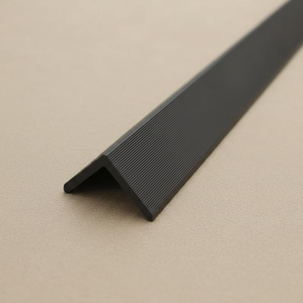 Studio shot of a Dark Brown L-shaped edge trim, showing the 40mm x 40mm architectural profile for wall cladding corner protection.