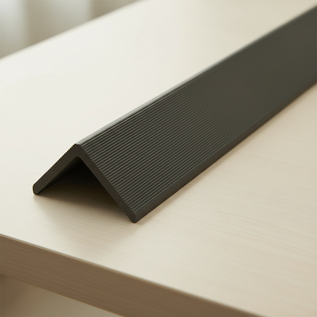 High-angle shot of a Dark Brown architectural trim resting on a light wood surface, highlighting its textured finish and clean lines.