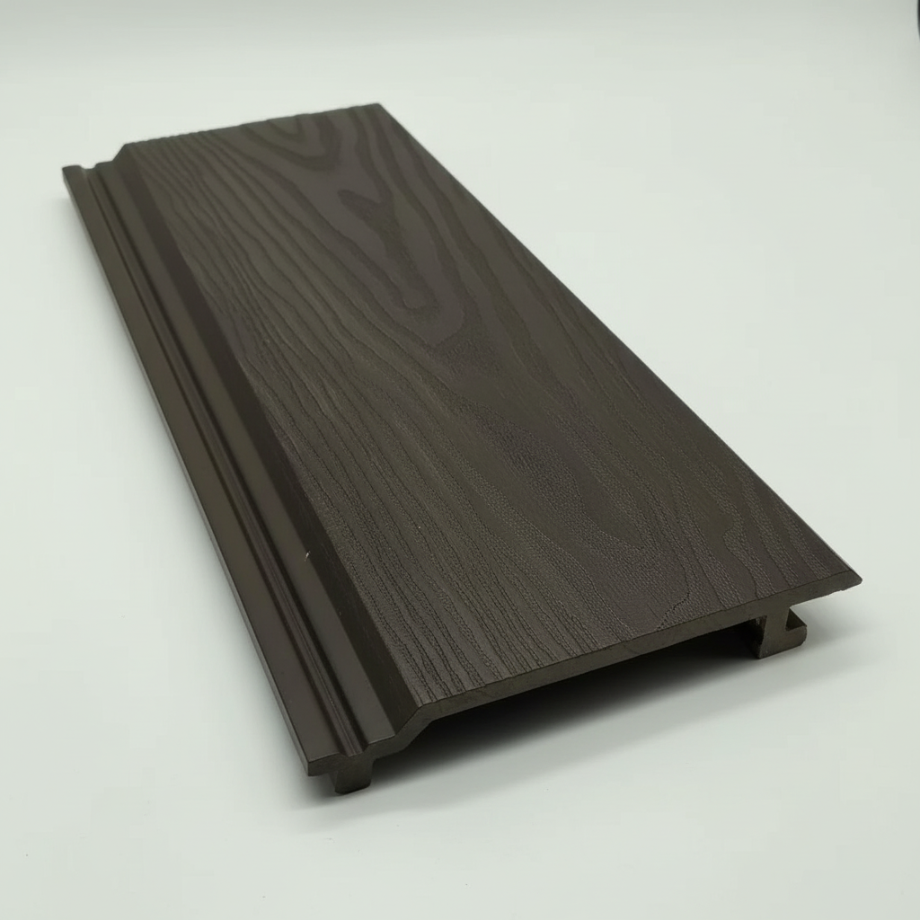 Detailed texture of Dark Brown WPC cladding with UV-resistant finish and deep wood grain.