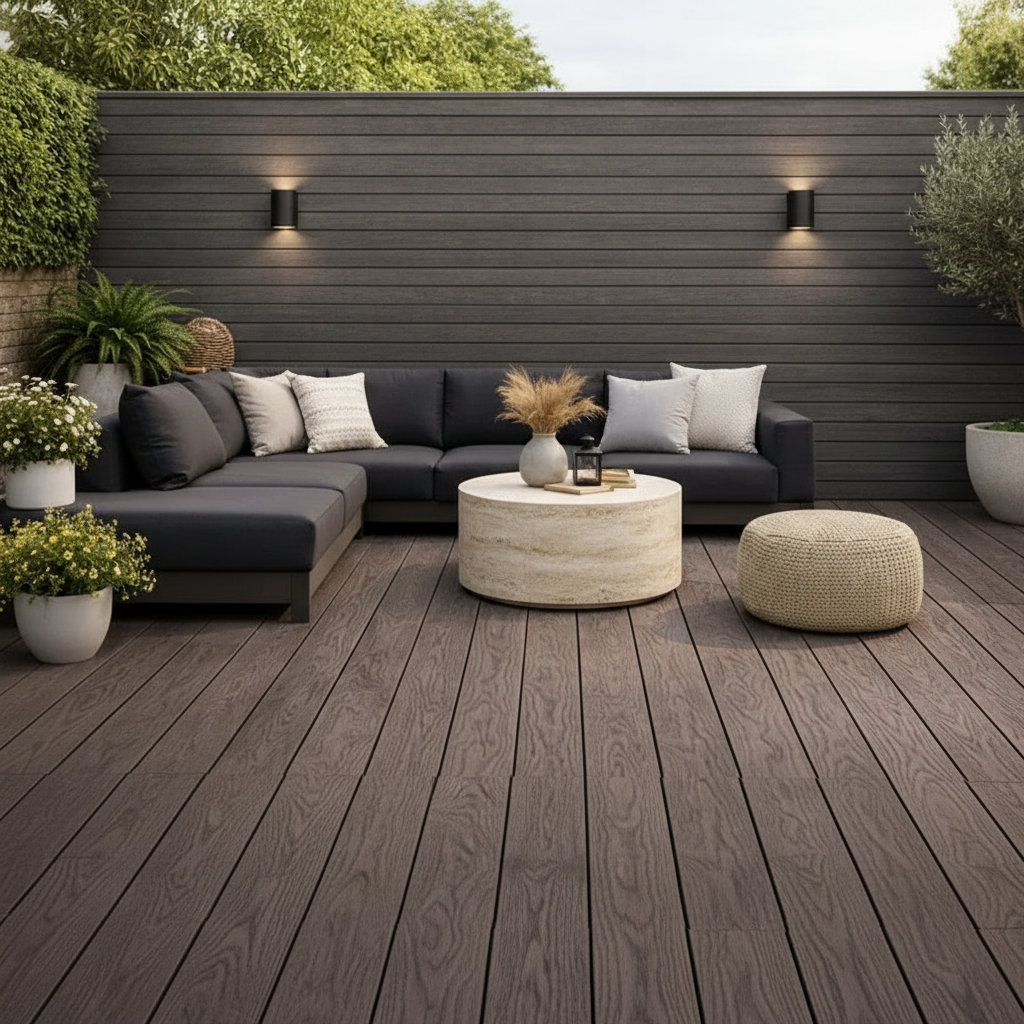 Reversible Dark Brown composite decking installed on a modern residential terrace by Churchill Panels.