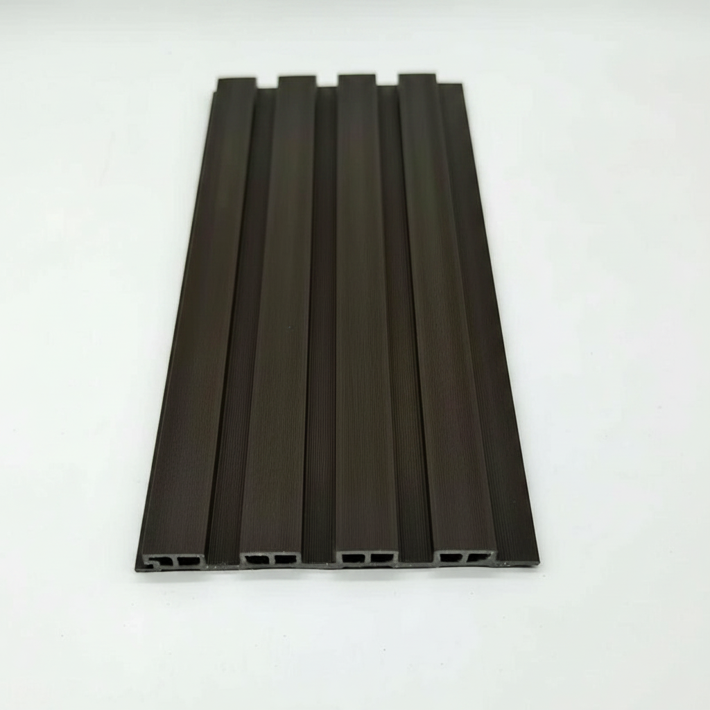 Top-down close-up of a Dark Brown 240cm WPC outdoor panel showcasing the rich timber-grain texture and durable composite construction.