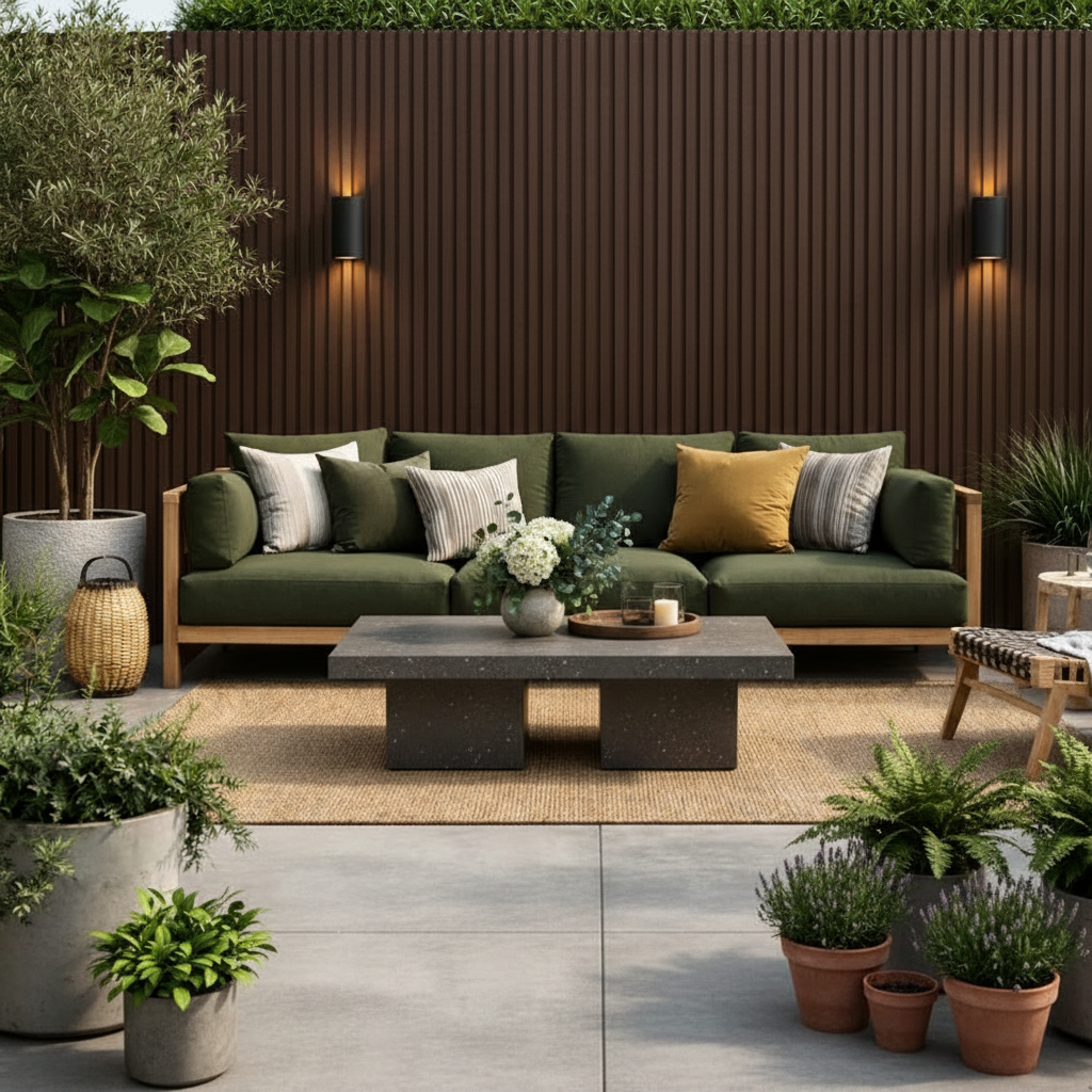 Rich Dark Brown composite wall cladding providing a luxury walnut-effect backdrop for a premium outdoor lounge.