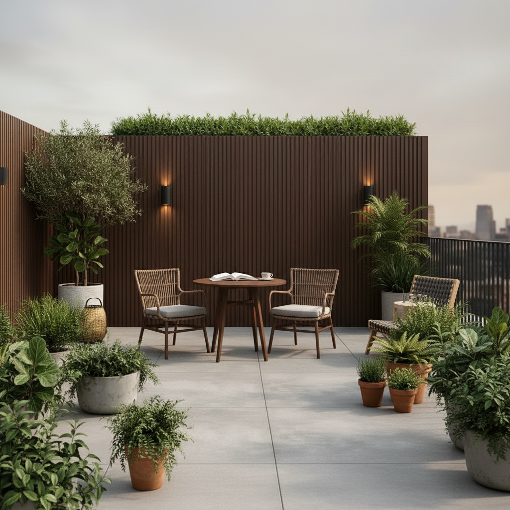 Deep chocolate-toned outdoor wall panels installed as an architectural feature wall on a modern residential terrace.