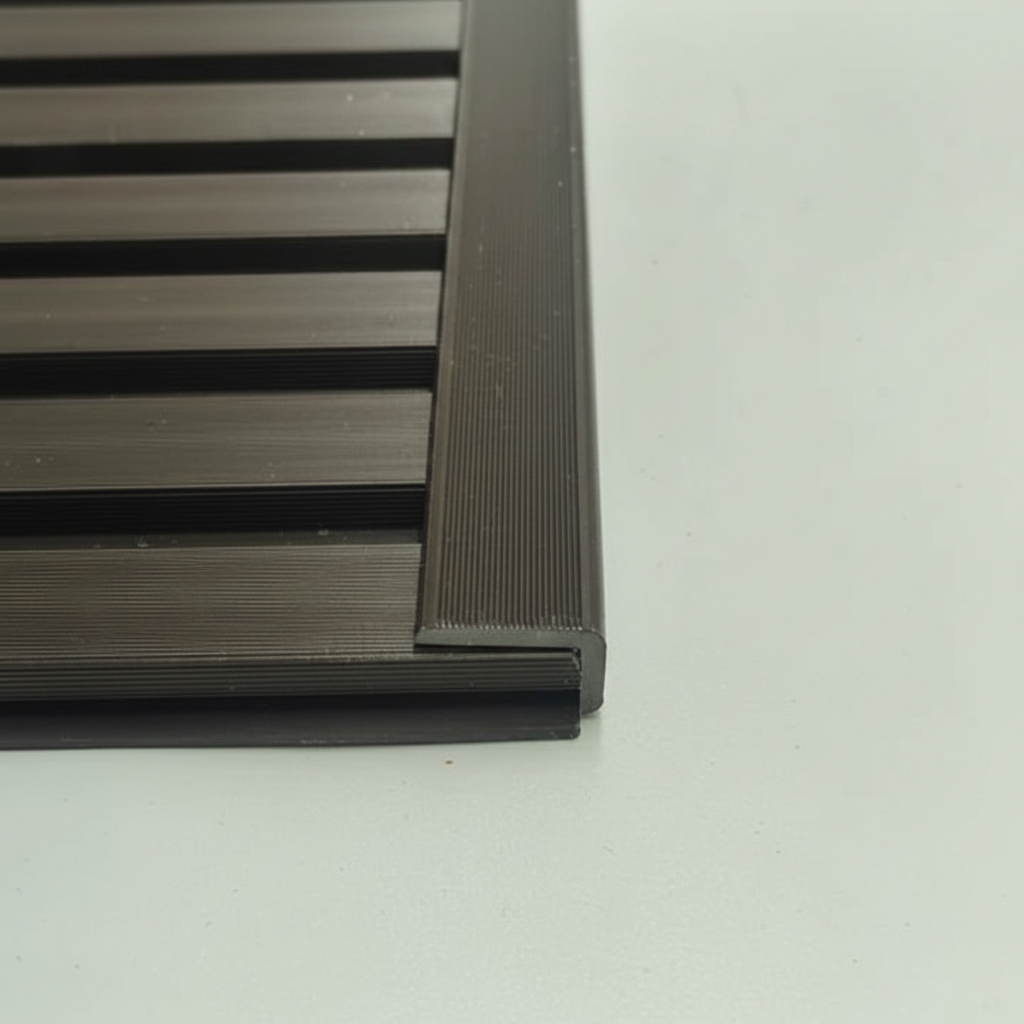 Dark Brown architectural trim perfectly installed on the edge of matching horizontal slat wall cladding for a seamless and polished finish.
