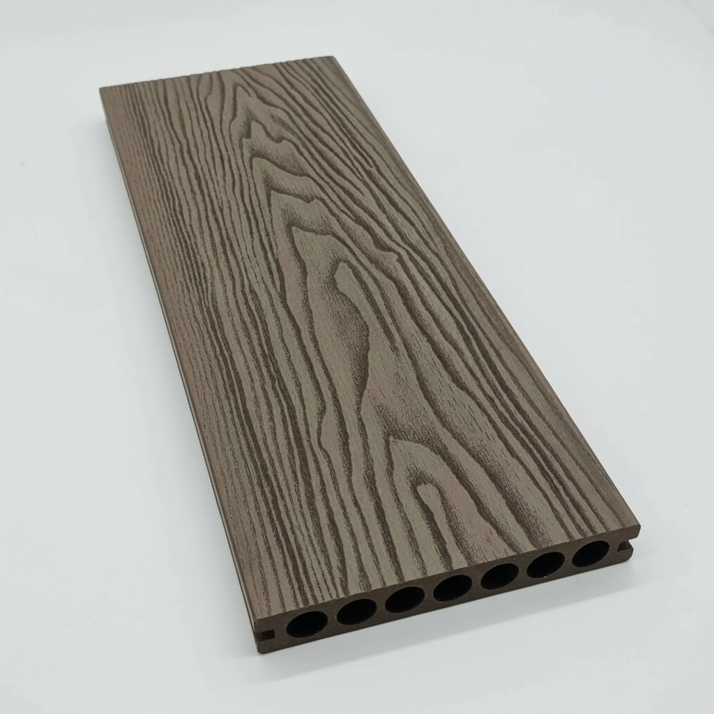 Detailed view of Churchill Panels Dark Brown reversible decking showing both ribbed and wood grain finishes.
