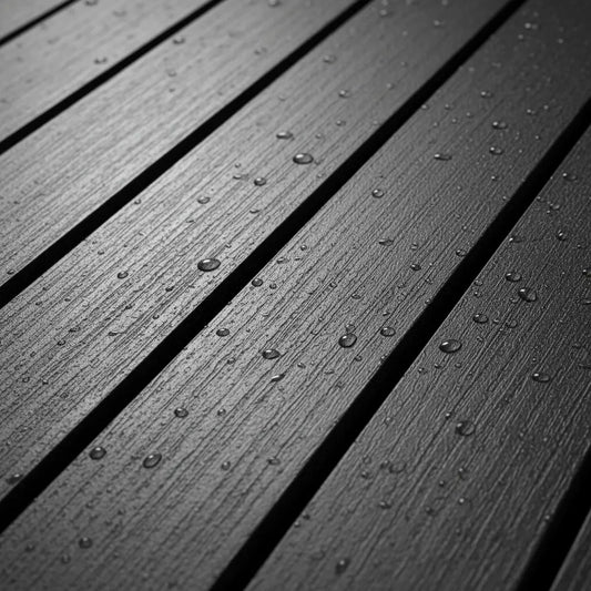 Close-up of waterproof dark grey PVC slat wall covering panel with water droplets, highlighting the durable texture for modern interior design.
