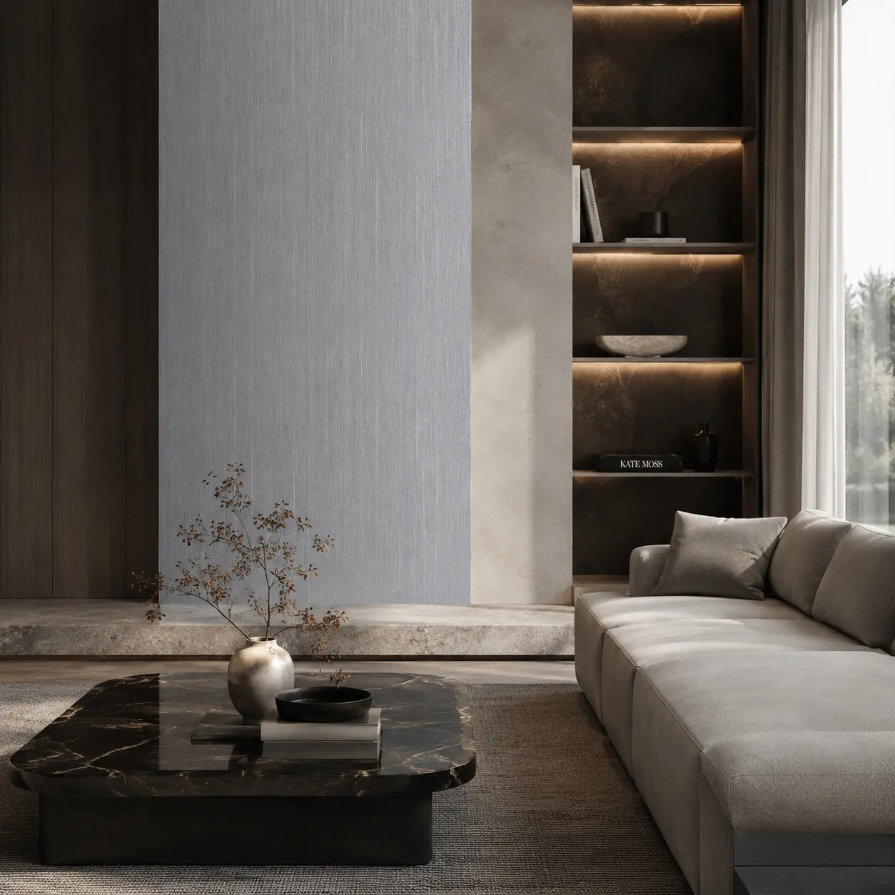 Premium dark grey oak wood-effect SPC feature wall cladding installed seamlessly in an elegant architectural lounge setting behind a luxury marble coffee table and modern couch.