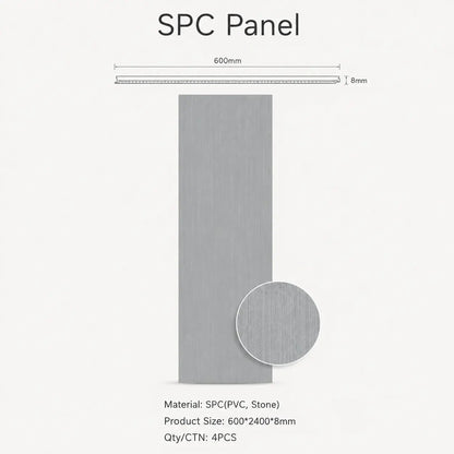 Technical line drawing and dimension sheet for a dark grey SPC panel showing a standard 600mm width, 2400mm height, and 8mm material thickness.