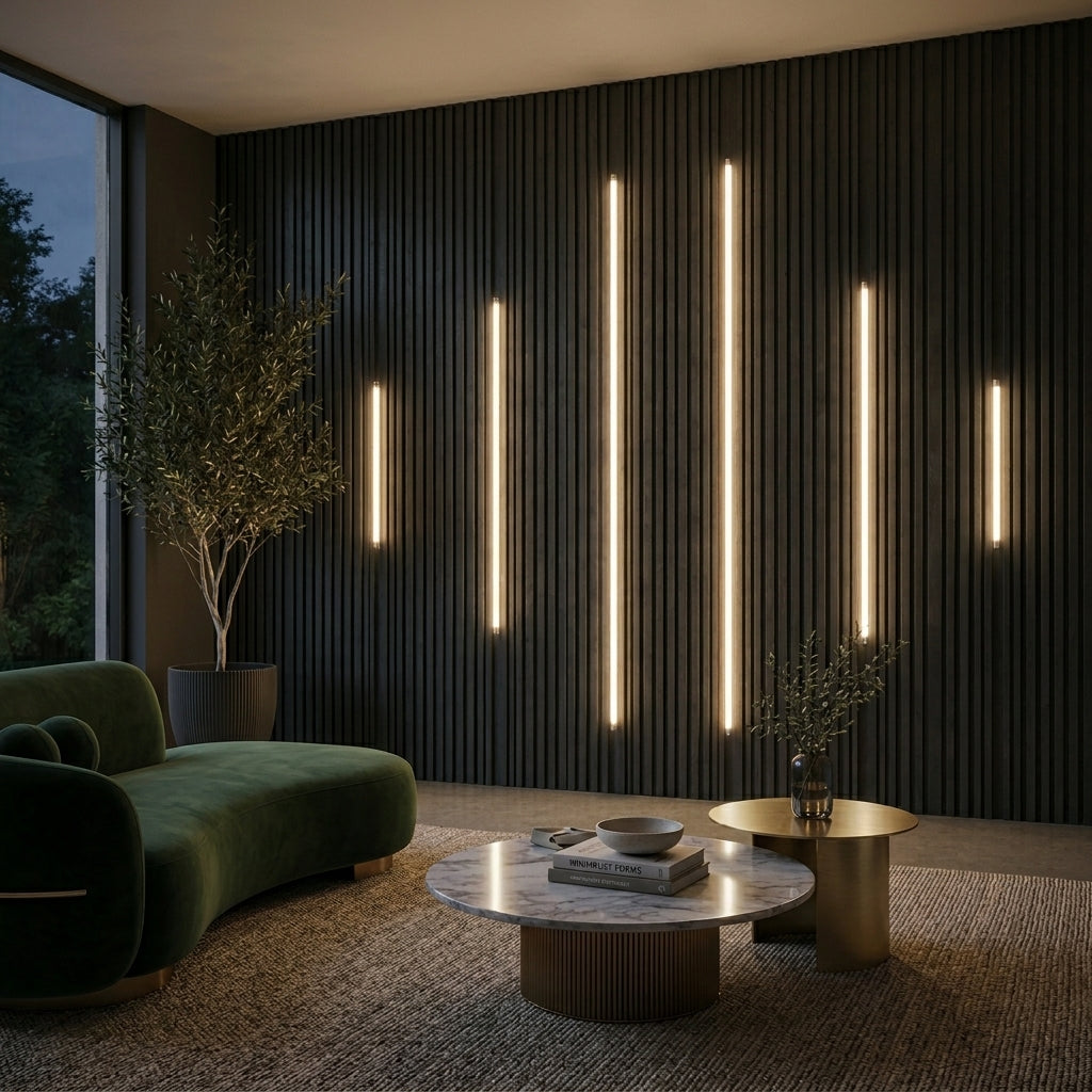 Vertical LED lighting strip kit installed on dark acoustic slat wall panels in a modern living room setting.