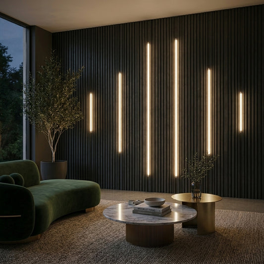 Vertical LED lighting strip kit installed on dark acoustic slat wall panels in a modern living room setting.