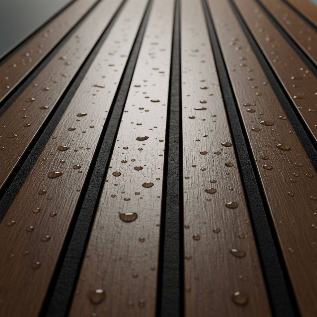 Detailed texture of Dark Oak PVC slats showing deep wood grain and water resistance.