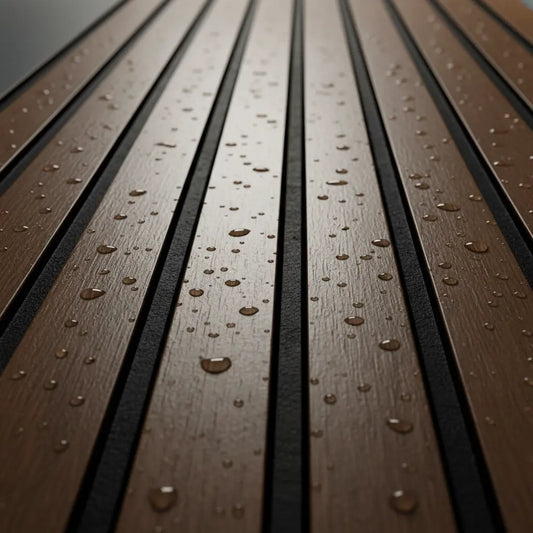 Close-up detail of water-resistant dark oak PVC slat panel showing a realistic wood grain texture with water droplets for interior wall cladding.