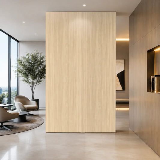 Premium dark oak wood-effect SPC feature wall board installed seamlessly in an elegant architectural lounge interior beside built-in illuminated shelving.
