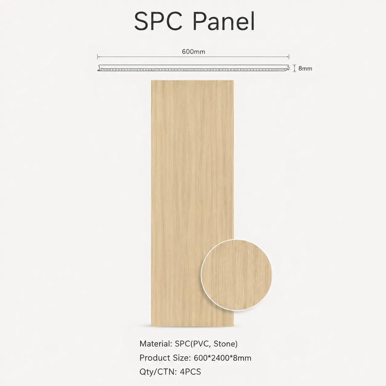 Technical profile layout showing specifications for a dark oak wood SPC cladding sheet with a 600mm width, 2400mm length, and 8mm depth.