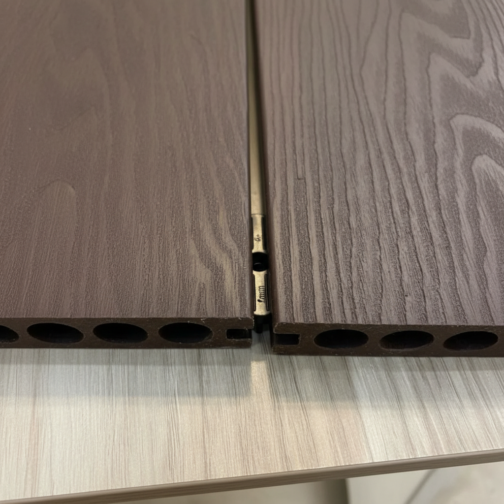 Seamless joint between two composite decking boards using Churchill Panels fittings.