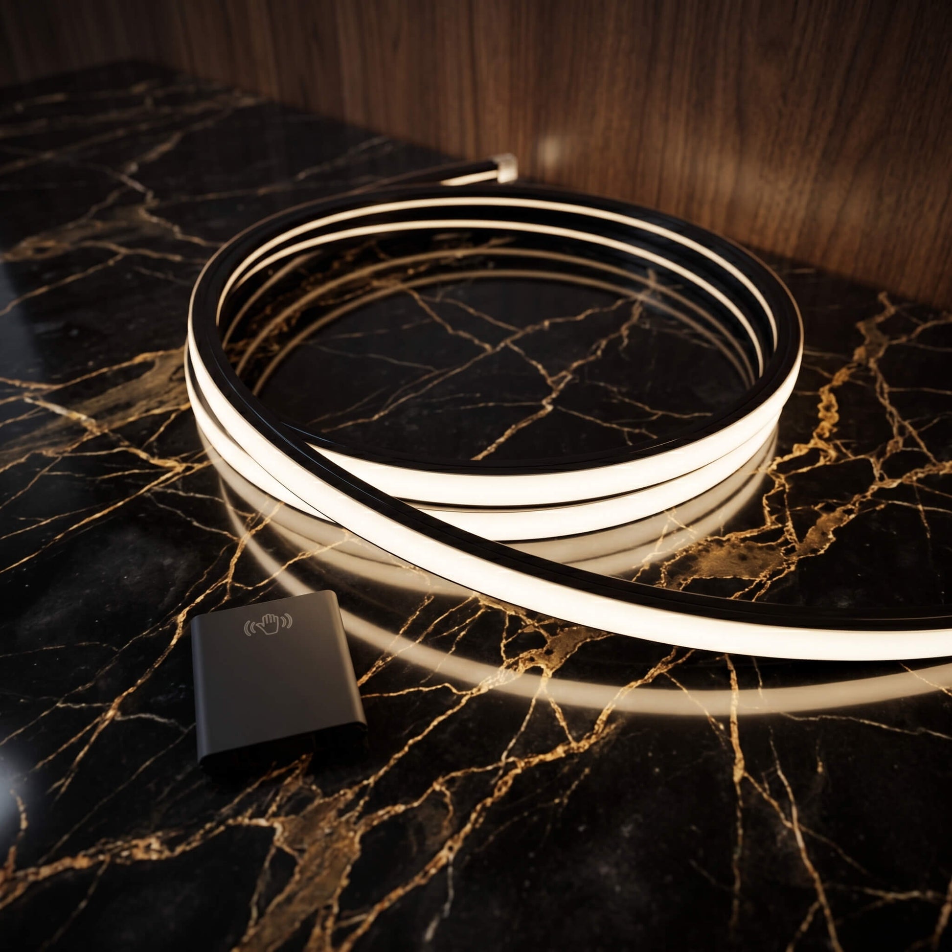A rolled coil of flexible dimmable white LED neon strip lighting with a sleek black profile design glowing beautifully on a dark marble surface.