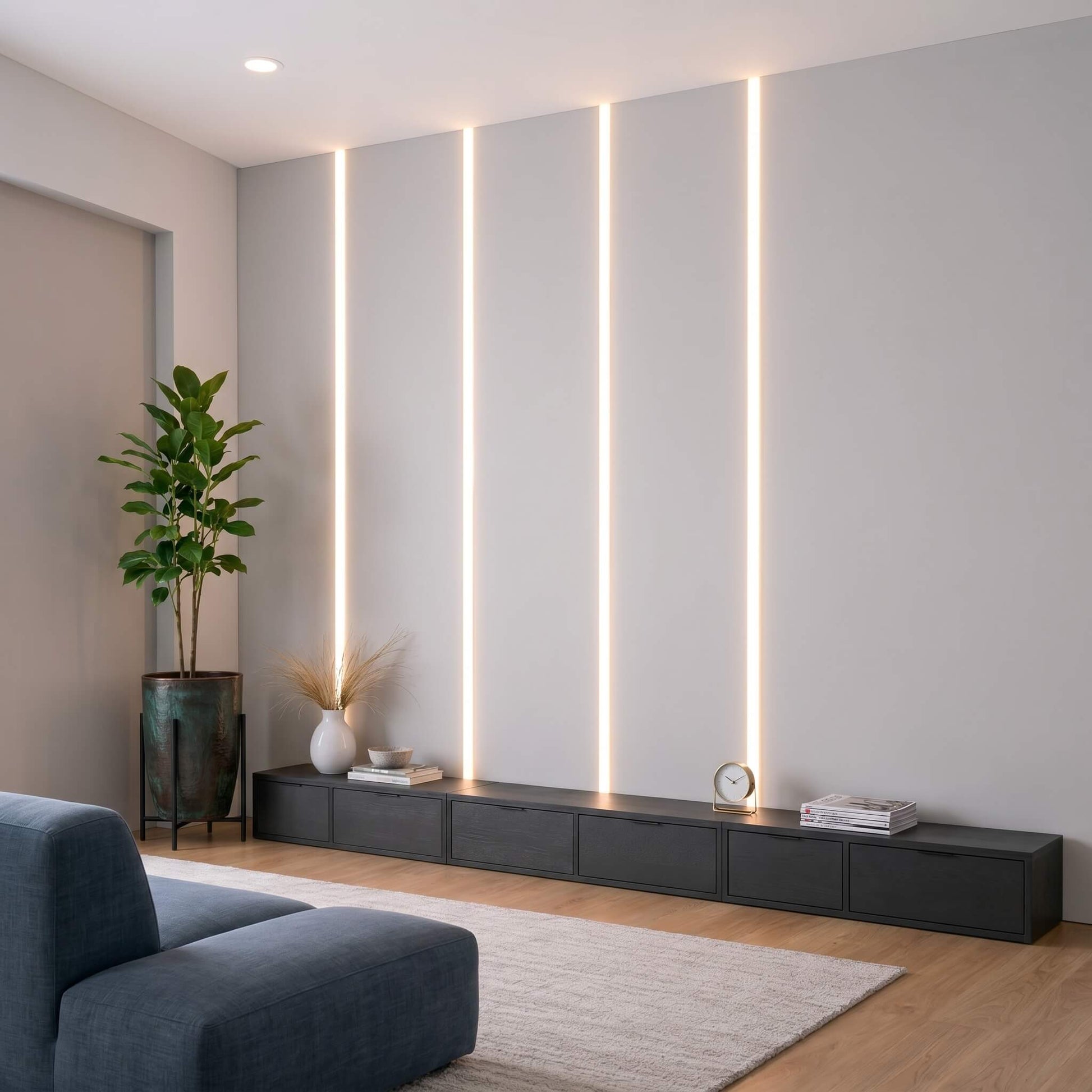 Premium flexible cut-to-length white LED accent lights installed vertically into a modern minimalist feature wall panel setup above a low-profile media console.