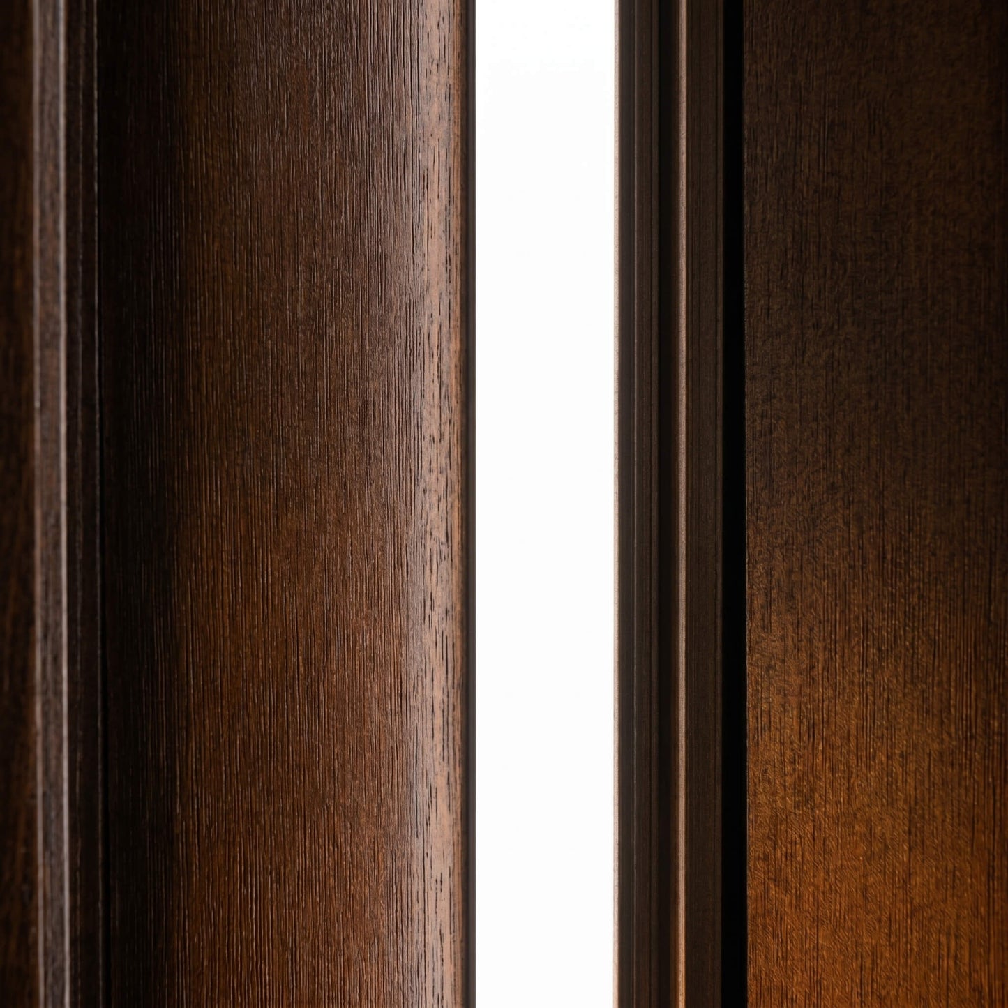 Close-up view of a ultra-discreet, 10mm x 9mm flush-mount white LED accent light integrated perfectly between premium dark wood acoustic paneling with no bulky trim.