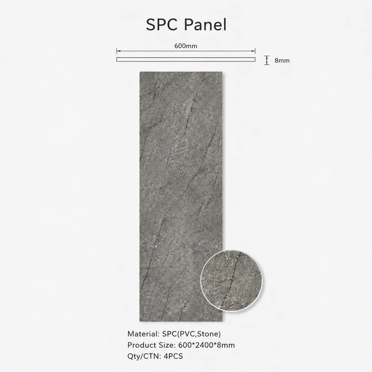 Technical specifications diagram for a gold and grey marble SPC PVC wall panel, showing dimensions of 600 by 2400 by 8 millimeters and a 4-piece carton quantity.