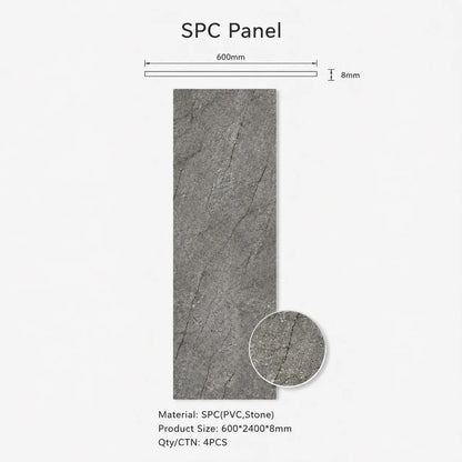 Technical specifications diagram for a gold and grey marble SPC PVC wall panel, showing dimensions of 600 by 2400 by 8 millimeters and a 4-piece carton quantity.