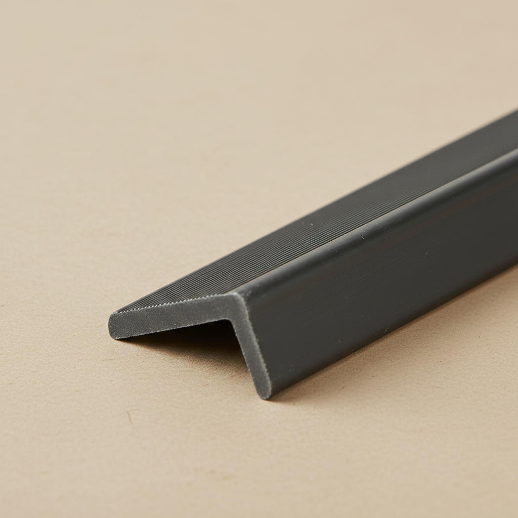 Close-up of a 240cm Grey architectural L-profile trim, highlighting the durable Wood-Plastic Composite (WPC) material and clean corner design.