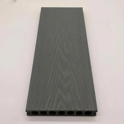 Close-up of Grey composite decking board showing authentic wood grain texture detail.