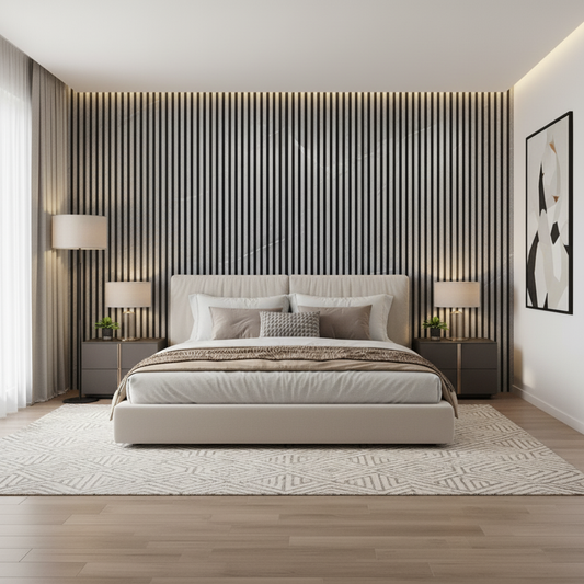 Luxury Grey Marble acoustic slat wood wall panels by Churchill Panels installed as a full-width headboard feature wall in a modern bedroom.