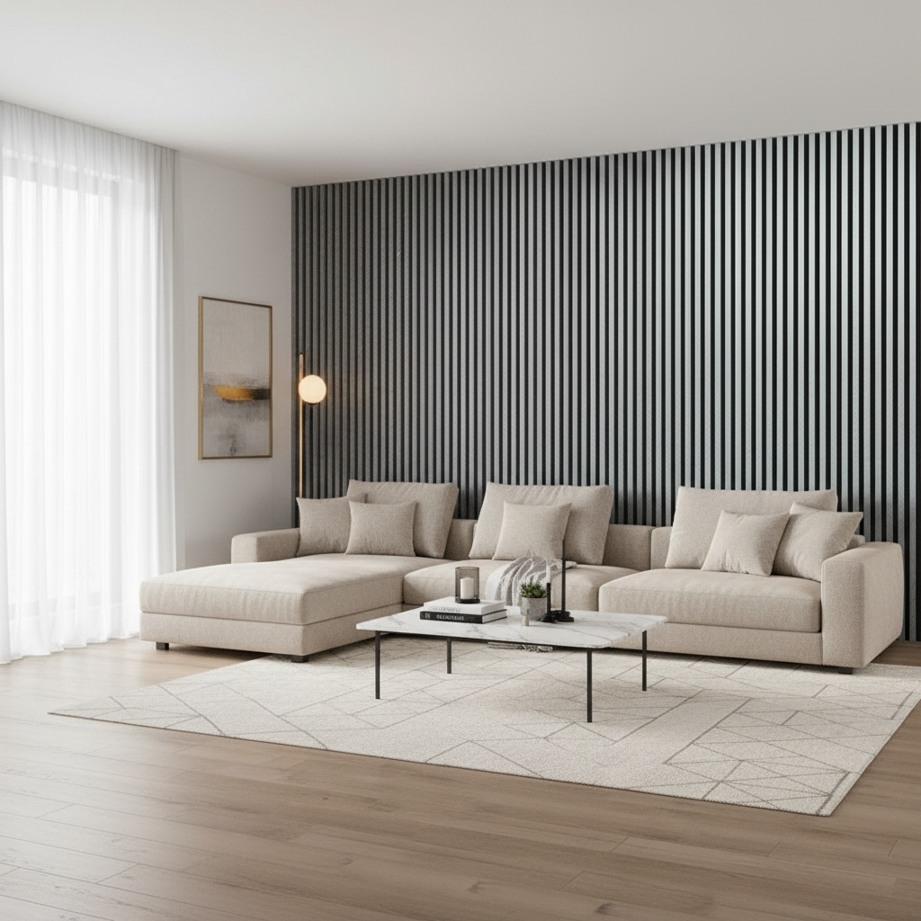 High-end Grey Marble wood slat wall feature by Churchill Panels installed as a full-height decorative backdrop in a contemporary living space.