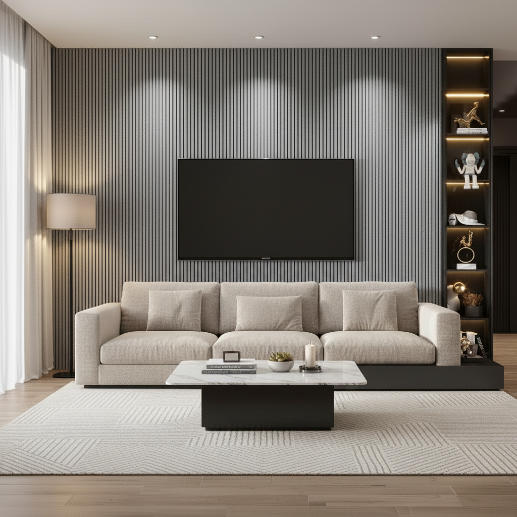 Churchill Panels Grey Marble slat wood wall paneling used as a luxury TV media wall feature in a modern living room with integrated shelving.