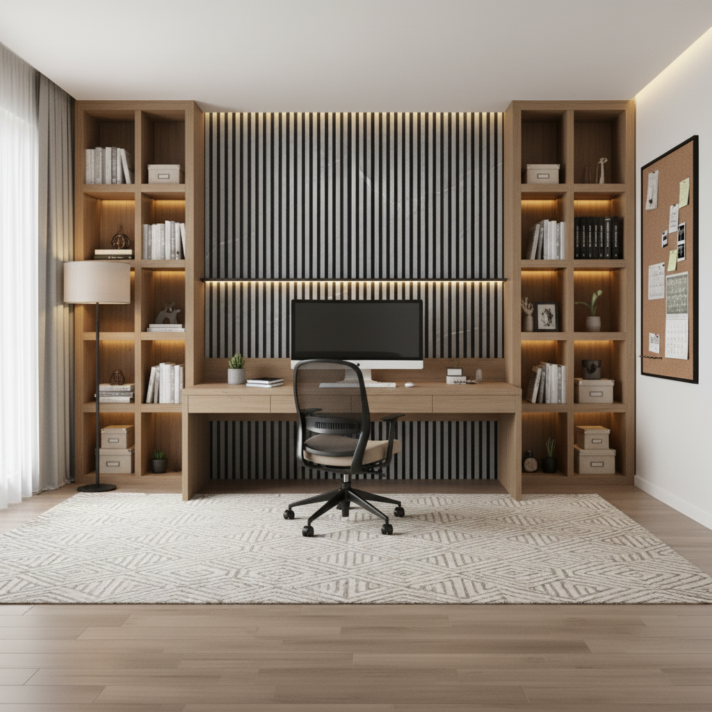 Sophisticated Grey Marble acoustic panels by Churchill Panels integrated into a custom oak home office desk and shelving unit.