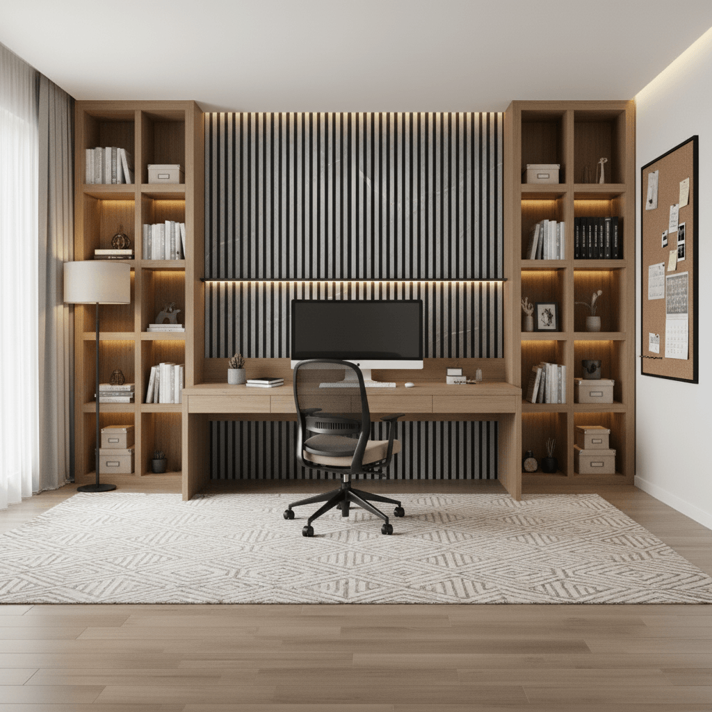 Sophisticated Grey Marble acoustic panels by Churchill Panels integrated into a custom oak home office desk and shelving unit.