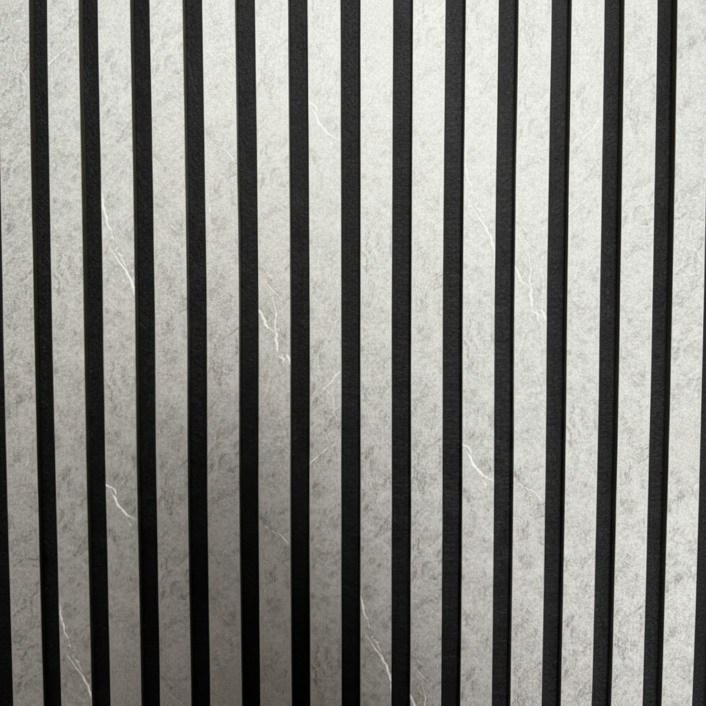Close-up detail of Churchill Panels Grey Marble slat wood panel showcasing the realistic stone texture, grey veining, and premium acoustic backing.