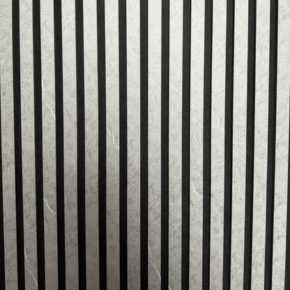Close-up detail of Churchill Panels Grey Marble slat wood panel showcasing the realistic stone texture, grey veining, and premium acoustic backing.
