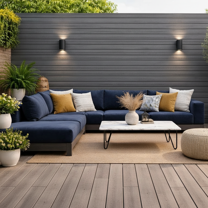 Grey Outdoor Wall Cladding by Churchill Panels featuring a weatherproof interlocking design for exterior facades.