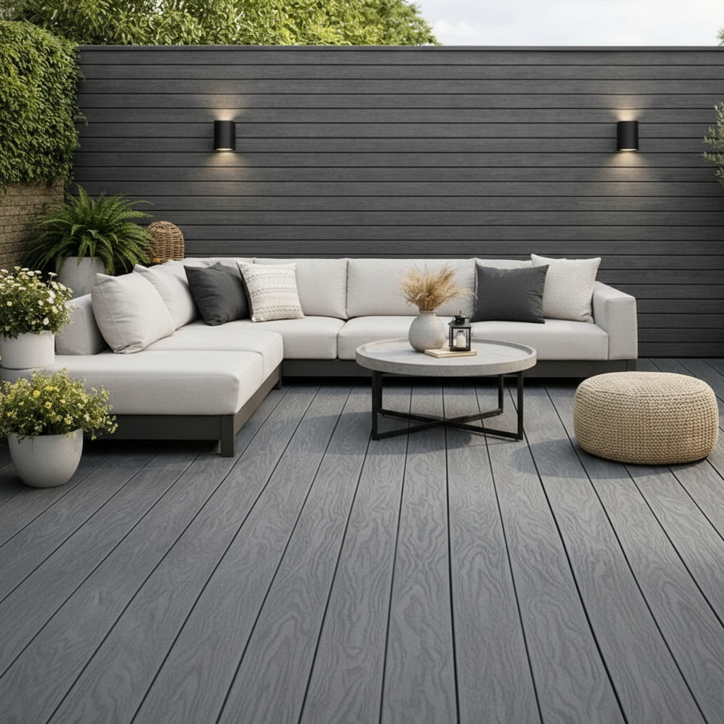 Luxury garden patio featuring Grey outdoor composite decking by Churchill Panels.