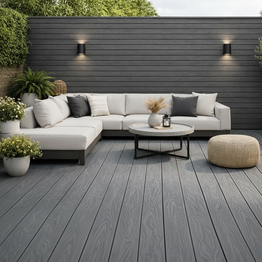 Luxury garden patio featuring Grey outdoor composite decking by Churchill Panels.