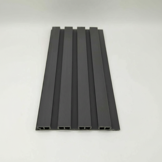 Top-down close-up of a Grey 240cm WPC outdoor panel highlighting the urban charcoal finish and interlocking architectural design.