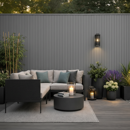 Sleek Grey composite cladding provides a clean, modern backdrop for a luxury garden lounge feature wall.