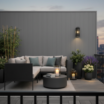 Modern Grey outdoor composite wall cladding installed on a contemporary roof terrace with high-end garden furniture and ambient lighting.