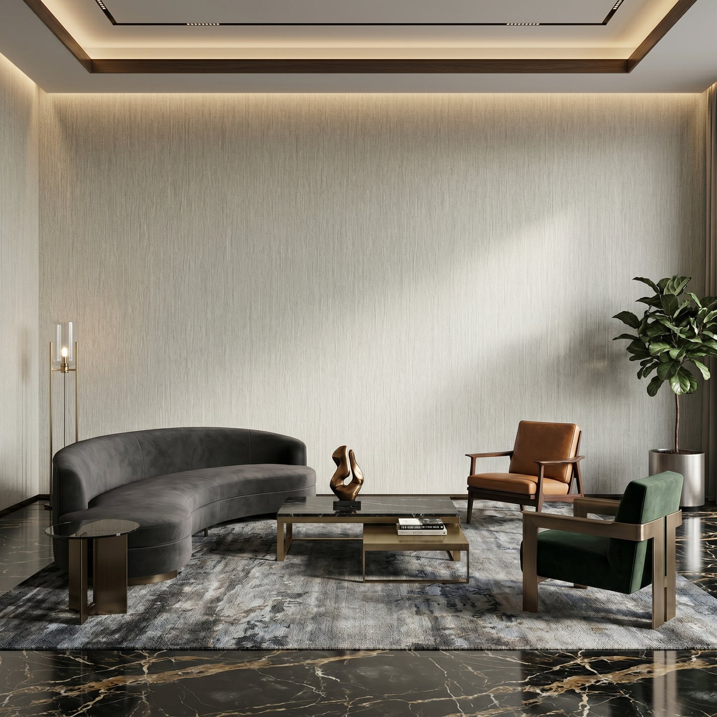 Large luxury living room interior featuring a seamless premium grey wood-effect SPC feature wall cladding installation behind a curved modern sofa set.