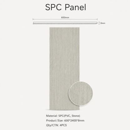 Technical line drawing and specification dimensions sheet for grey SPC panel indicating 600mm width, 2400mm height, and 8mm material thickness.